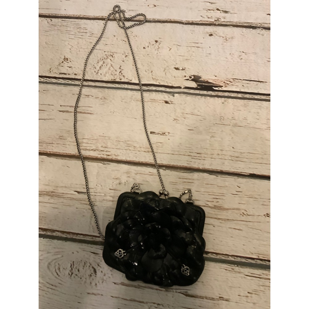 Vintage Brighton Black Leather 3D Rose Flower Kiss Lock Crossbody Coin Purse Bag